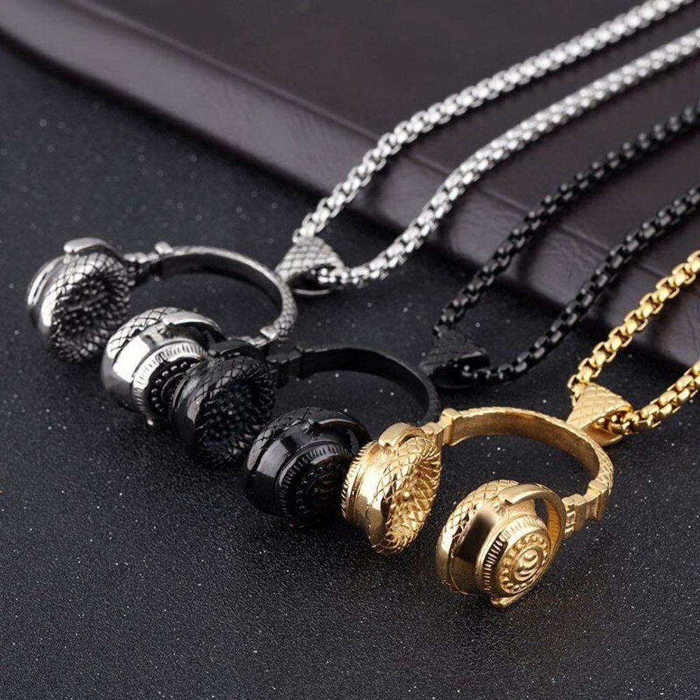 Stainless Steel DJ Music Headphone Pendant Long Chain Hip Hop Rock - Picture 2 of 16